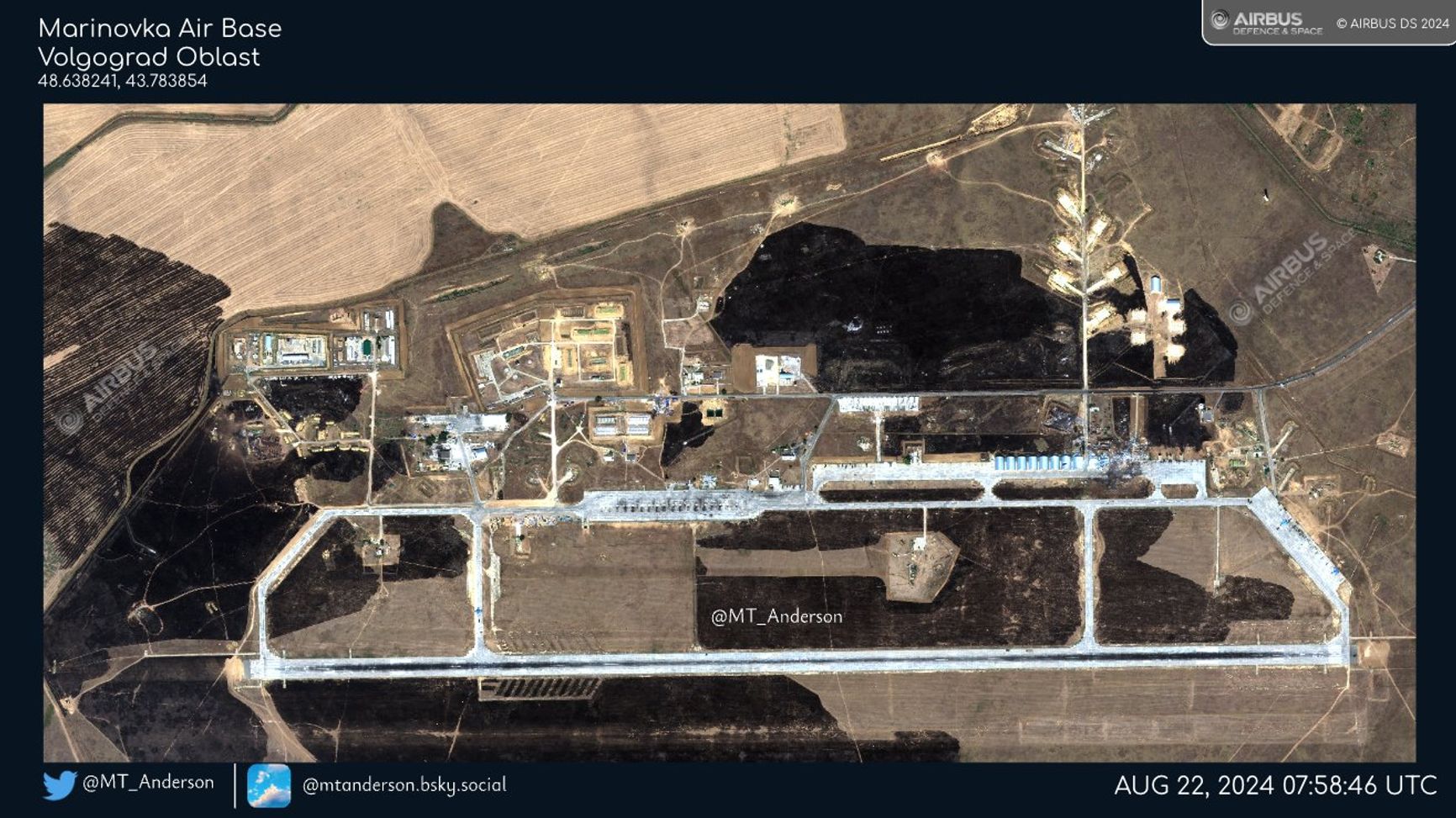Подпись: Спутниковый снимок последствий налета на военный аэродром Мариновка в Волгоградской области
