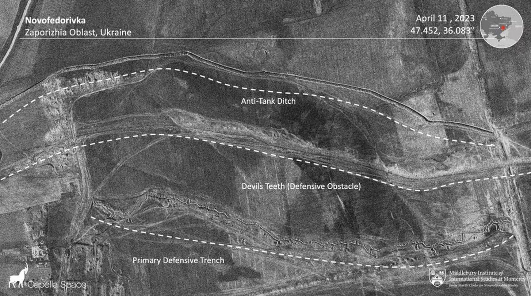 Satellite image of Russian fortifications in Novofedorivka (Zaporizhzhia region)
